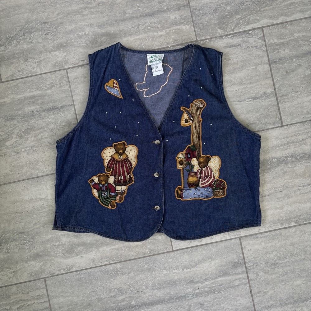 Vtg Denim Vest Teddy Bear Cottagecore Grandma Core Cute Button Up Rhinestones XL